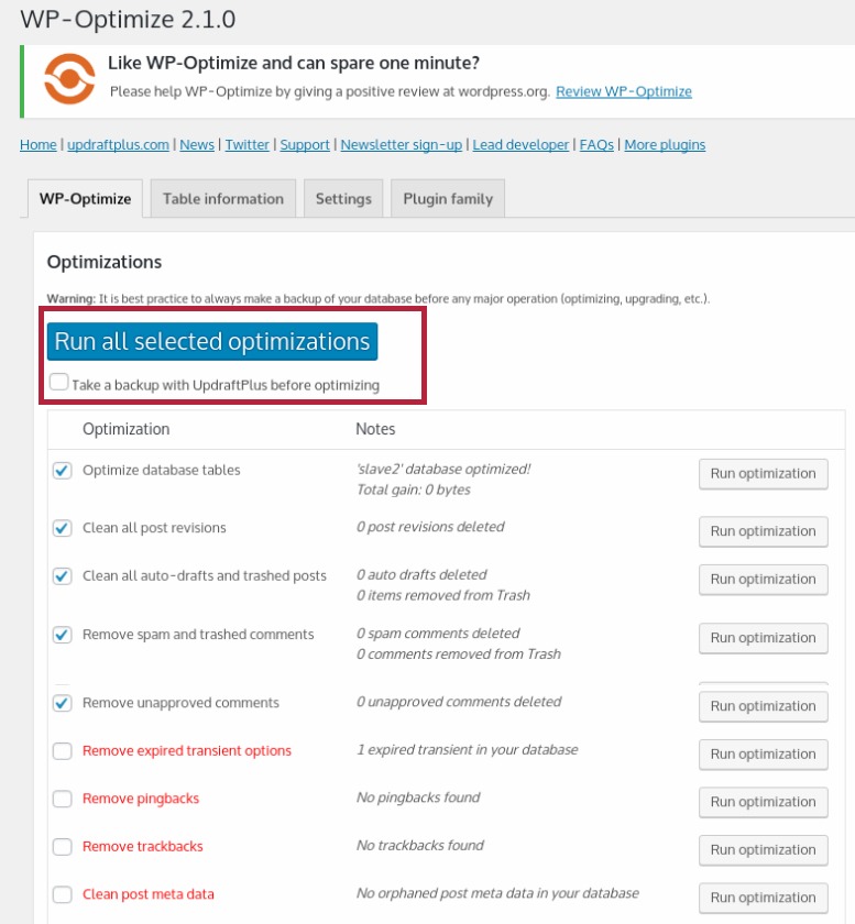 كيفية تحسين قاعدة بيانات ووردبريس؟ 7 بتشغيل جميع التحسينات المحددة في WP Optimize