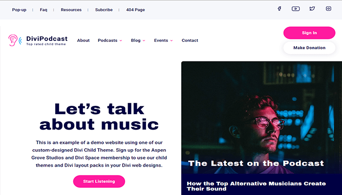 أفضل 15+ قوالب محطة راديو ووردبريس لعام 2025 7 قالب بودكاست Divi Podcast