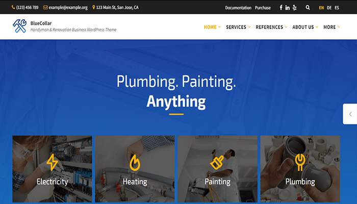 أفضل 12 قوالب ووردبريس الكهربائية - لجميع المهندسين لعام 2026 6 blue collar wordpress theme