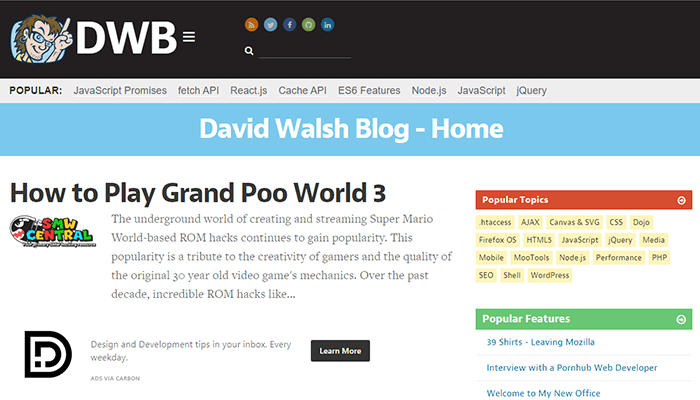 29 فكرة مدونة جديدة ناجحة للبدء بها هذا العام 25 مدونة تعلم البرمجة - David Walsh Blog