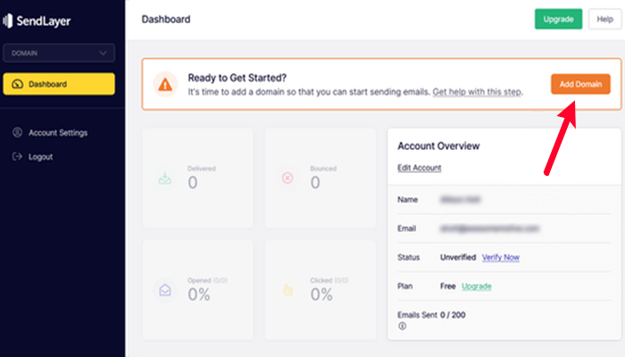 كيفية إصلاح مشكلة عدم إرسال البريد الإلكتروني في ووردبريس 6 click add domain button sendlayer