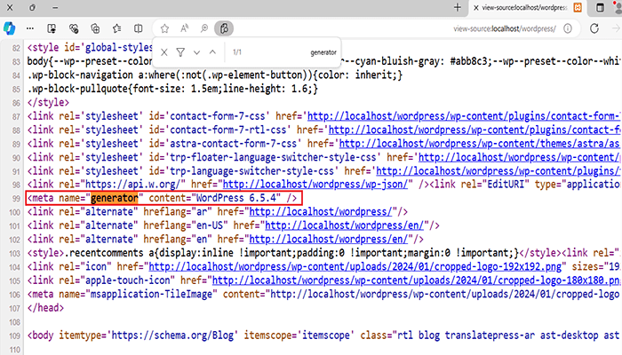 كيفية التحقق من إصدار ووردبريس الذي تستخدمه بسهولة 6 generator tag source code