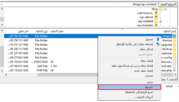 كيفية إصلاح مشكلة تحديث صفحة تسجيل الدخول ووردبريس وإعادة التوجيه 7 إعادة تسمية مجلد الإضافات