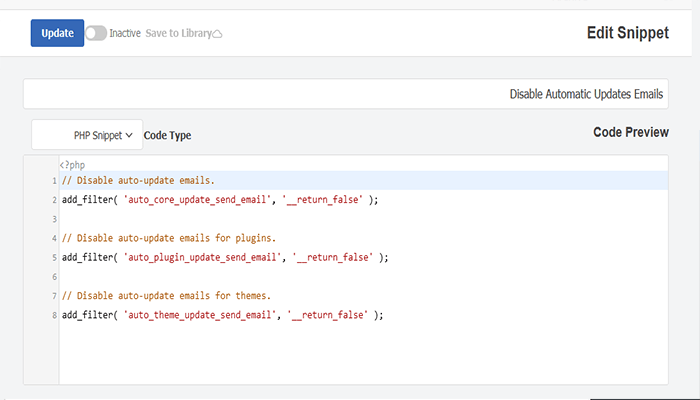 كيفية تعطيل إشعارات التحديث التلقائي عبر البريد الإلكتروني في ووردبريس 5 wpcode disable notification snippet