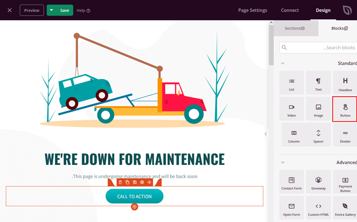 6 أفكار لصفحات الصيانة يمكنك استخدامها على موقع ووردبريس الخاص بك 4 add button block to maintenance page