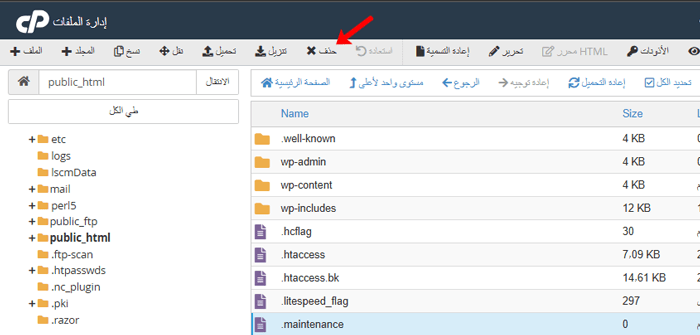 كيفية إصلاح مشكلة توقف ووردبريس في وضع الصيانة (الطريقة السهلة) 6 إزالة ملف الصيانة من مدير الملفات
