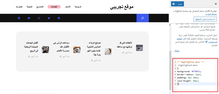 كيفية تسليط الضوء على عنصر القائمة في ووردبريس 8 إضافة كود CSS في أداة تخصيص القالب