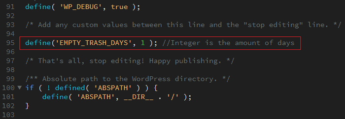 كيفية تقييد أو تعطيل إفراغ سلة المحذوفات تلقائيًا في ووردبريس 3 auto trash code in wpconfig