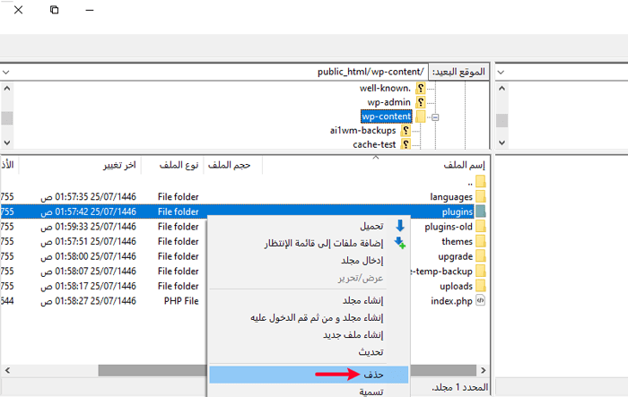 كيفية إصلاح خطأ عدم توفر الخدمة 503 في ووردبريس 2 حذف مجلد الاضافات الفارغة