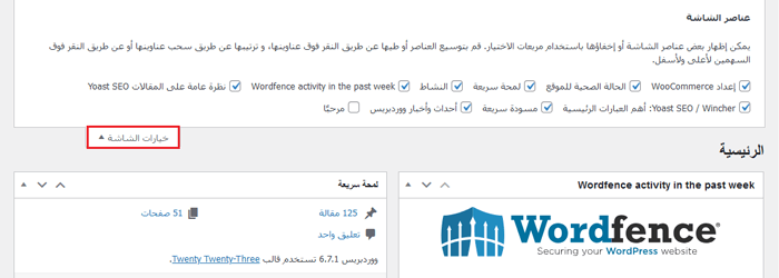 كيفية تخصيص لوحة تحكم المسؤول في ووردبريس (6 نصائح) 2 خيارات الشاشة في صفحة لوحة التحكم في منطقة إدارة ووردبريس