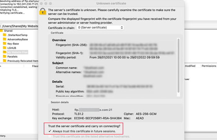 كيفية استخدام FTP لرفع الملفات إلى ووردبريس للمبتدئين 6 قبول الشهادة