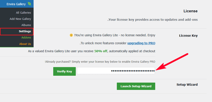 كيفية اضافة الفئات والوسوم إلى مكتبة الوسائط في ووردبريس 5 أضف مفتاح ترخيص Envira Gallery