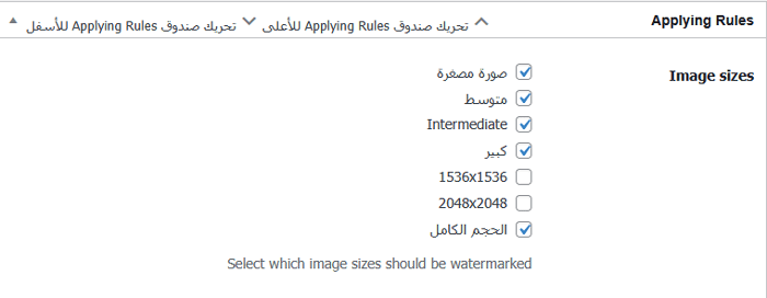 كيفية اضافة علامة مائية تلقائيًا إلى الصور في ووردبريس 12 اختر أحجام الصور التي سيتم تطبيق العلامة المائية عليها