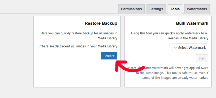 كيفية اضافة علامة مائية تلقائيًا إلى الصور في ووردبريس 16 انقر فوق زر الاستعادة لإزالة العلامات المائية