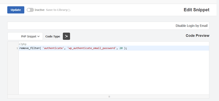 كيفية تعطيل تسجيل الدخول باستخدام عنوان البريد الإلكتروني في ووردبريس 3 يضيف WPCode تلقائيًا الكود الخاص بتعطيل تسجيل الدخول عبر البريد الإلكتروني