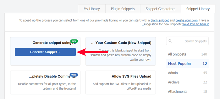 كيفية اضافة كود مخصص بسهولة إلى ووردبريس (دون تعطيل موقعك) 17 generate ai snippet wpcode