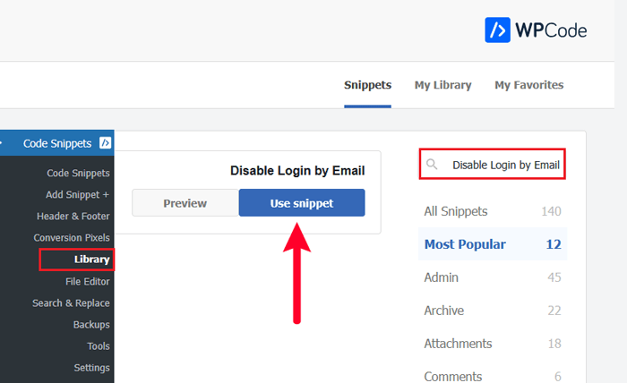 كيفية تعطيل تسجيل الدخول باستخدام عنوان البريد الإلكتروني في ووردبريس 2 ابحث عن مقتطف تعطيل تسجيل الدخول عبر البريد الإلكتروني في مكتبة WPCode