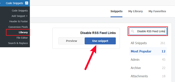 كيفية تعطيل موجزات RSS في ووردبريس (طريقتان سهلتان) 9 حدد مقتطف "تعطيل روابط موجز RSS" من مكتبة WPCode