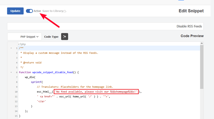 كيفية تعطيل موجزات RSS في ووردبريس (طريقتان سهلتان) 8 wp wpcode disable rss feeds snippet