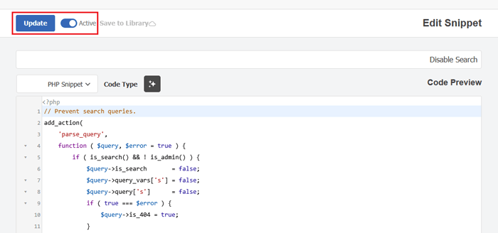 كيفية تعطيل ميزة البحث في ووردبريس (بسيطة وسهلة) 4 انقر فوق زر التبديل "تنشيط" واضغط على "تحديث" لتعطيل البحث في ووردبريس