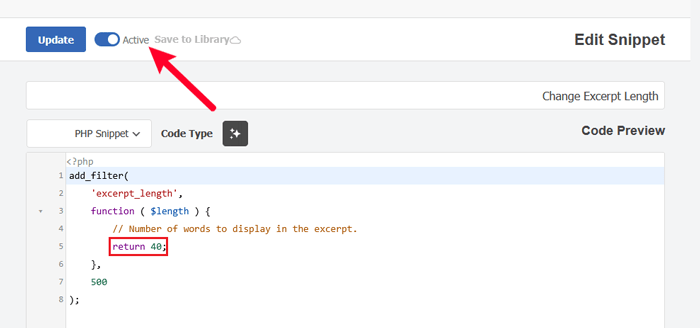 كيفية تخصيص مقتطفات ووردبريس (لا يتطلب الأمر أي كود) 5 WPCode يغير عدد الكلمات في مقتطف وينشط مقتطف لإضافة مقتطف واختيار الأحرف
