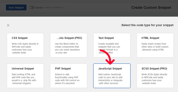 كيفية اضافة جافا سكريبت بسهولة إلى صفحات أو منشورات ووردبريس (طريقتان) 3 حدد مقتطف جافا سكريبت كنوع الكود