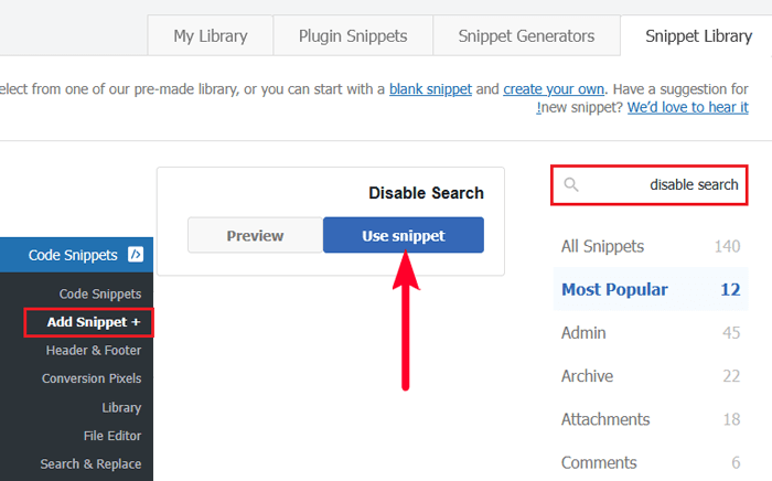 كيفية تعطيل ميزة البحث في ووردبريس (بسيطة وسهلة) 3 تعطيل البحث في WPCode