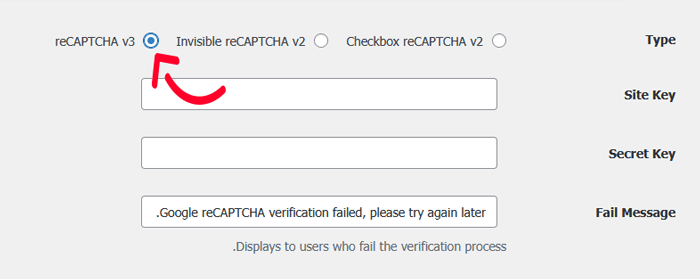 كيفية إضافة CAPTCHA في نموذج تسجيل الدخول والتسجيل في ووردبريس 20 حدد نوع captcha v3