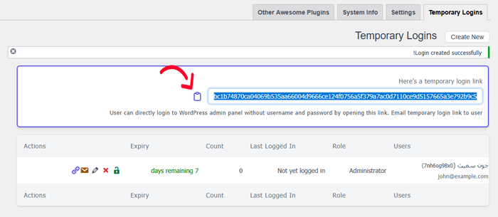 كيفية انشاء تسجيل دخول مؤقت لـ ووردبريس (بدون كلمات مرور) 3 انقر هنا لنسخ عنوان تسجيل الدخول المؤقت.