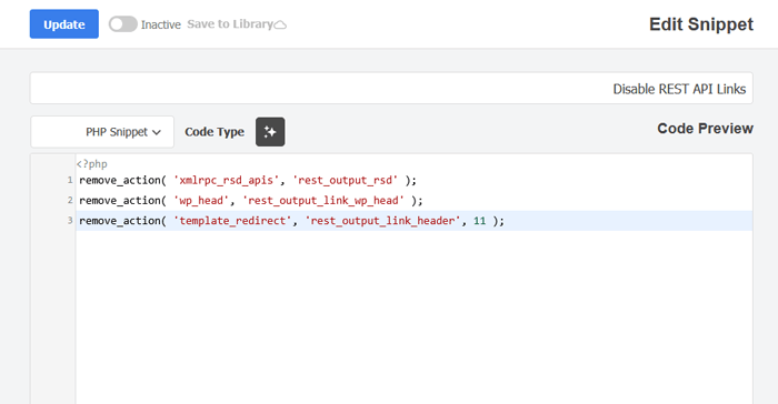 كيفية تعطيل JSON REST API في ووردبريس 7 سيضيف WPCode الكود الخاص بتعطيل REST API links