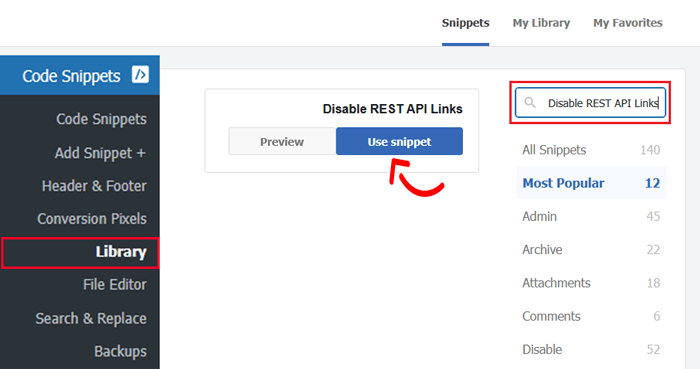 كيفية تعطيل JSON REST API في ووردبريس 6 ابحث عن مقتطف Disable REST API Links من مكتبة WPCode