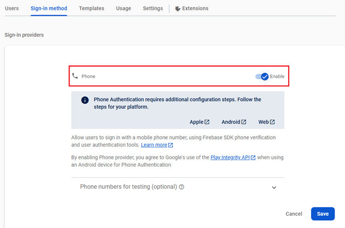 كيفية إضافة تسجيل الدخول برقم الهاتف عبر OTP في ووردبريس 9 تمكين خيار الهاتف في Firebase