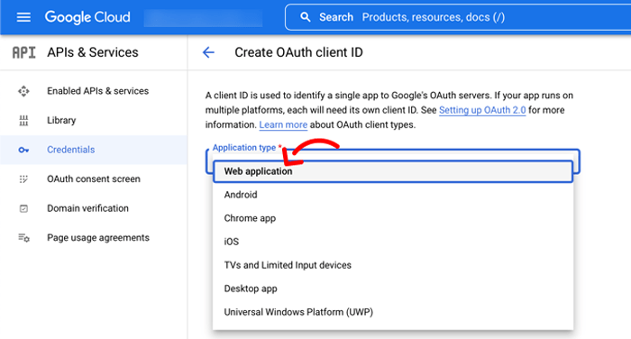 كيفية إضافة تسجيل الدخول بنقرة واحدة باستخدام جوجل في ووردبريس 11 حدد تطبيق الويب لنوع التطبيق
