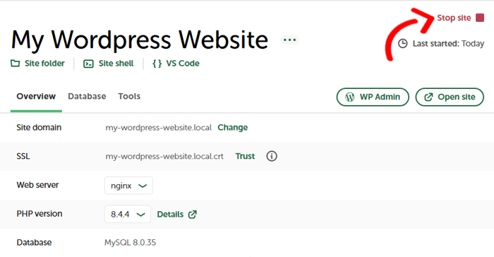 كيفية تثبيت ووردبريس على جهاز كمبيوتر يعمل بنظام ويندوز (طريقتان) 23 إيقاف موقع ووردبريس المحلي باستخدام Local WP