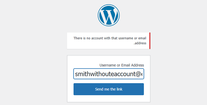 كيفية إضافة تسجيل الدخول بدون كلمة مرور إلى ووردبريس باستخدام الروابط السحرية 2 تظهر رسالة خطأ في حالة عدم وجود حساب باسم المستخدم أو عنوان البريد الإلكتروني