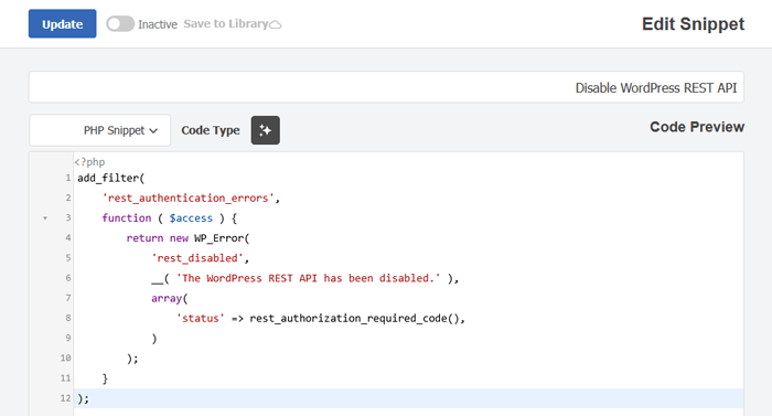 كيفية تعطيل JSON REST API في ووردبريس 3 يضيف WPCode تلقائيًا مقتطف API الخاص بتعطيل JSON REST