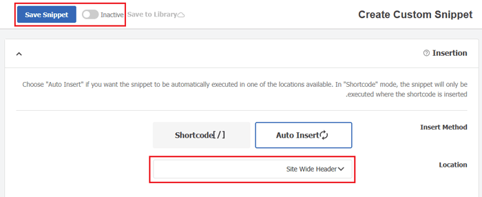 كيفية إضافة أستايل مخصص إلى ويدجات ووردبريس (طريقتان) 6 اختيار Site Wide Header كموقع للكود في WPCode