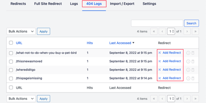كيفية العثور على الروابط المعطلة وإصلاحها في ووردبريس (خطوة بخطوة) 25 سجلات 404 تحت عمليات إعادة التوجيه