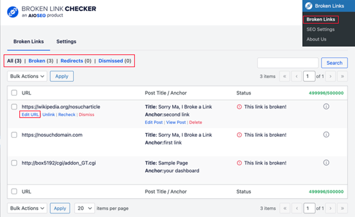 كيفية العثور على الروابط المعطلة وإصلاحها في ووردبريس (خطوة بخطوة) 3 ابحث عن الروابط التالفة وقم بتعديل عناوين URL باستخدام Broken Link Checker من AIOSEO