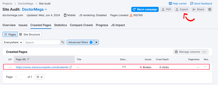كيفية العثور على الروابط المعطلة وإصلاحها في ووردبريس (خطوة بخطوة) 9 تقرير الروابط المعطلة في Semrush
