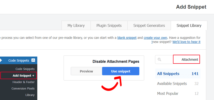 دليل المبتدئين لـ سيو الصور: تحسين الصور لمحركات البحث 14 تتضمن مكتبة WPCode مقتطف تعطيل صفحات المرفقات