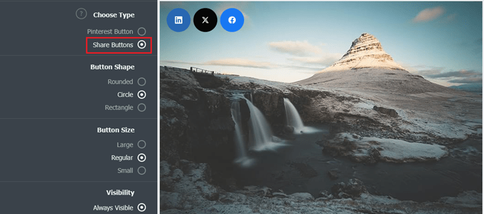 كيفية إضافة أزرار المشاركة الاجتماعية في ووردبريس (4 طرق سهلة) 34 اختر أزرار المشاركة الاجتماعية أو زر Pinterest لعرضها أعلى الصور