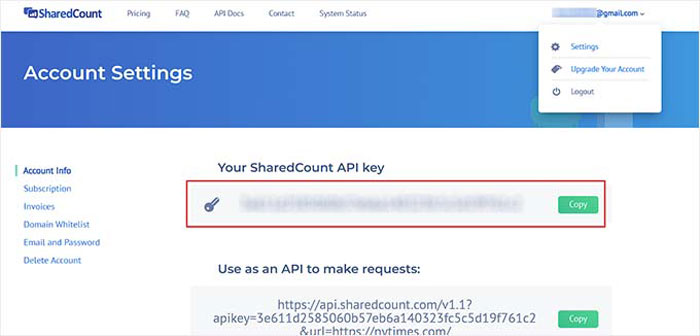 كيفية إضافة أزرار المشاركة الاجتماعية في ووردبريس (4 طرق سهلة) 40 انسخ مفتاح API الخاص بـ SharedCount