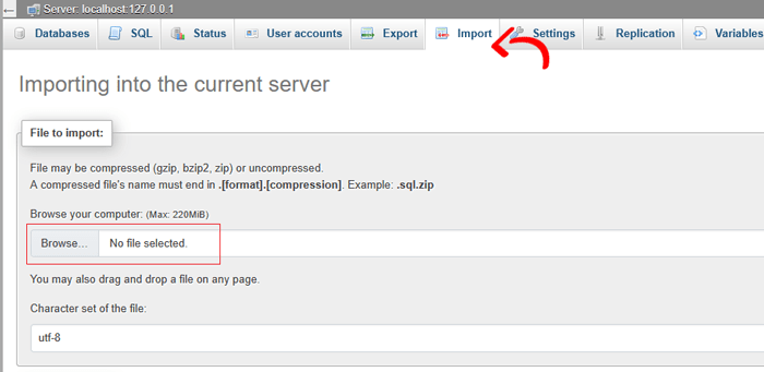 كيفية تجاوز تسجيل الدخول إلى ووردبريس (7 نصائح من الخبراء) 14 استيراد قاعدة البيانات في لوحة phpMyAdmin