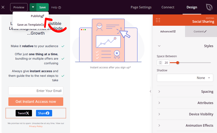 كيفية إضافة أزرار المشاركة الاجتماعية في ووردبريس (4 طرق سهلة) 47 نشر صفحة الهبوط باستخدام كتلة المشاركة الاجتماعية