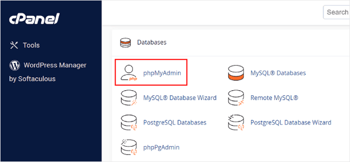 كيفية تجاوز تسجيل الدخول إلى ووردبريس (7 نصائح من الخبراء) 5 انقر فوق PHPMyAdmin لاختيارها