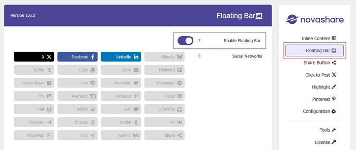 كيفية إضافة أزرار المشاركة الاجتماعية في ووردبريس (4 طرق سهلة) 13 تمكين شريط عائم لأزرار المشاركة الاجتماعية باستخدام Novashare