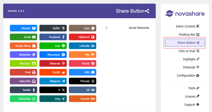 كيفية إضافة أزرار المشاركة الاجتماعية في ووردبريس (4 طرق سهلة) 19 اختيار أزرار التواصل الاجتماعي لعرضها عند النقر على زر المشاركة في Novashare