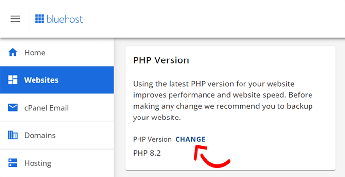 كيفية تحديث إصدار PHP الخاص بك في ووردبريس (الطريقة الصحيحة) 5 النقر على زر التغيير في Bluehost لتحديث إصدار PHP الخاص بالموقع الكتروني