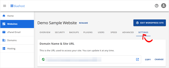 كيفية تحديث إصدار PHP الخاص بك في ووردبريس (الطريقة الصحيحة) 4 فتح علامة التبويب 'الإعدادات' داخل قائمة المواقع الإلكترونية في Bluehost